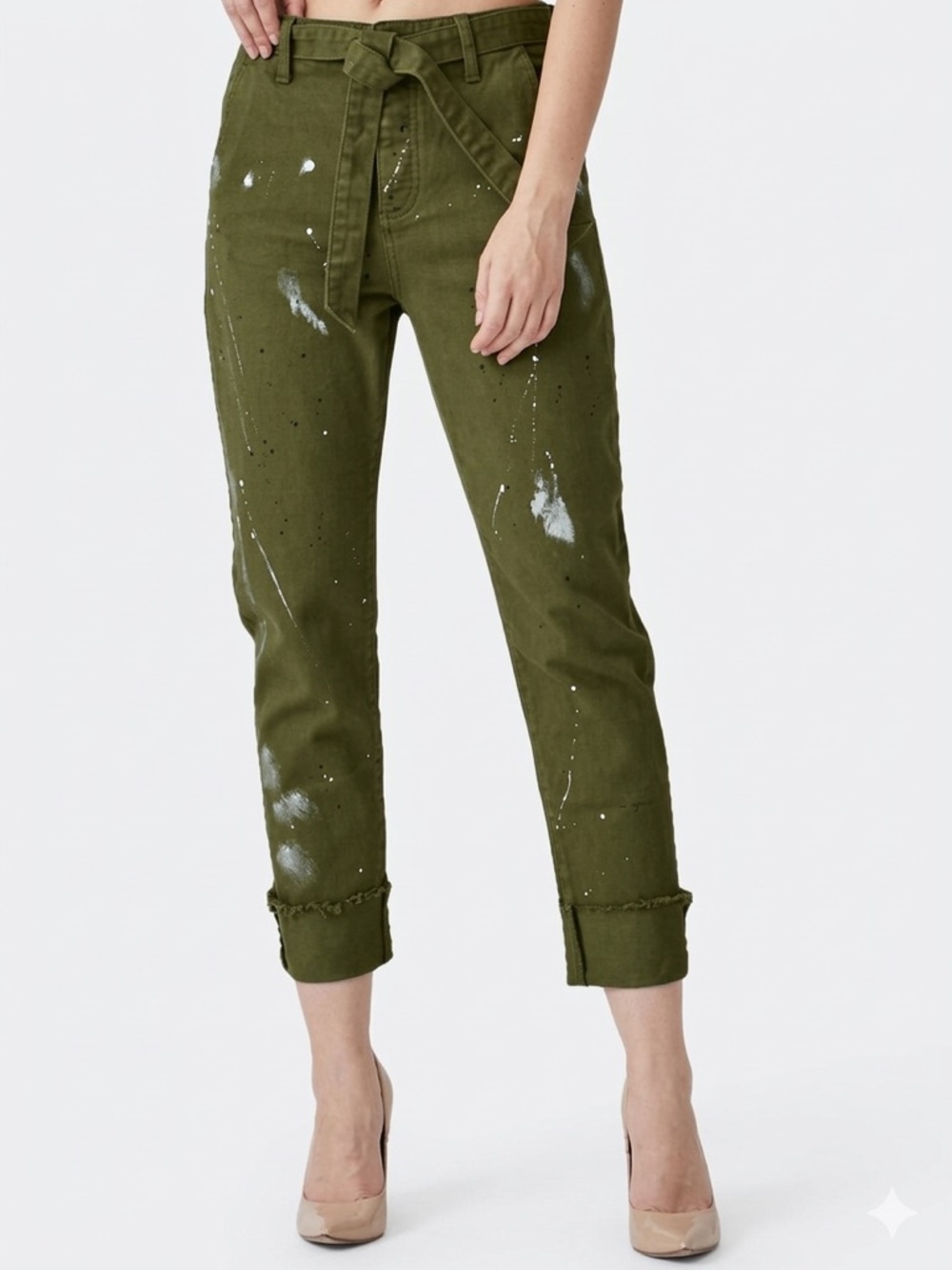 Risen Jeans Olive Paint Splatter Belted Crop Size 15/32 NWT